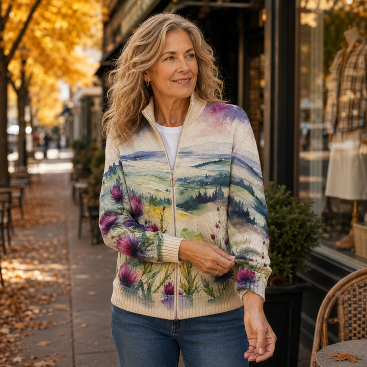 Lidia™ | Cardigan with Zipper in Landscape with Scottish Thistle