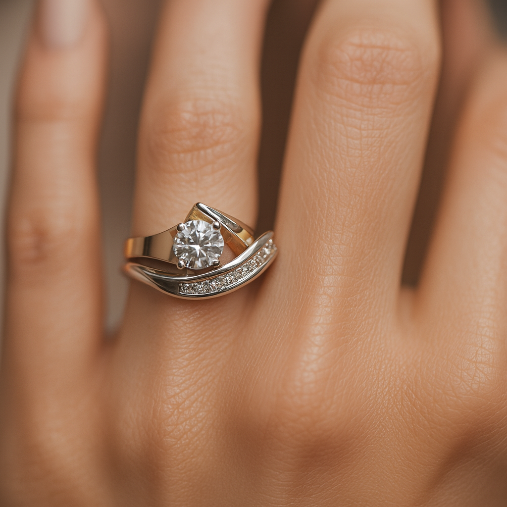 Carla – Asymmetrical vintage ring of gold and silver with zirconia