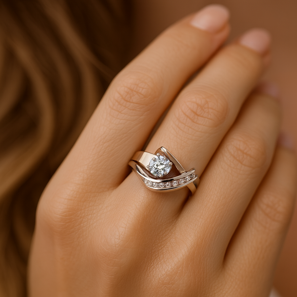 Carla – Asymmetrical vintage ring of gold and silver with zirconia