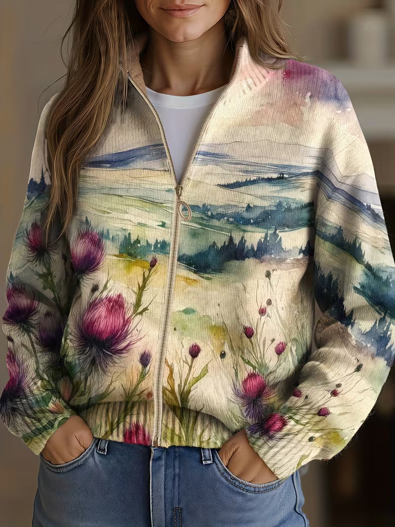 Lidia™ | Cardigan with Zipper in Landscape with Scottish Thistle