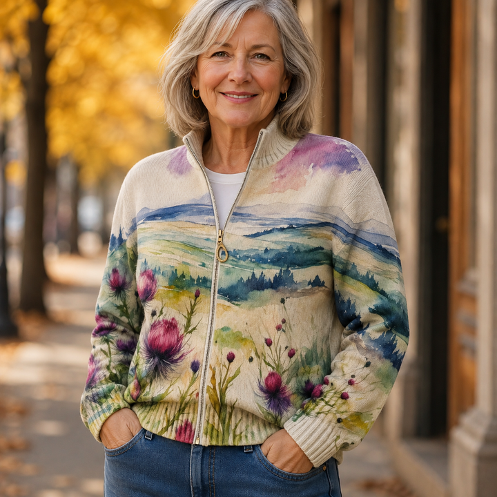 Lidia™ | Cardigan with Zipper in Landscape with Scottish Thistle
