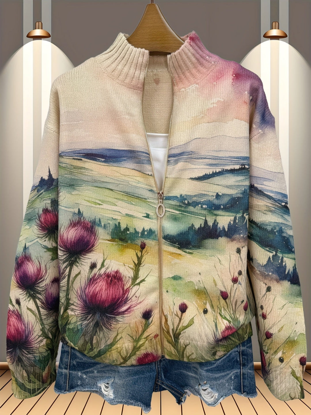 Lidia™ | Cardigan with Zipper in Landscape with Scottish Thistle