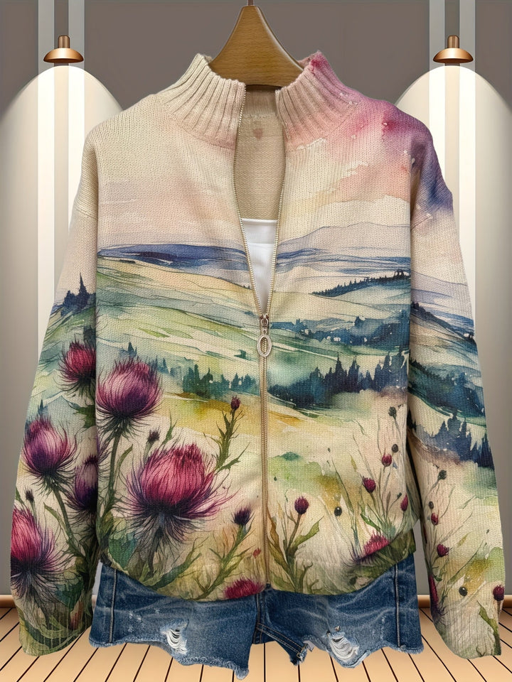 Lidia™ | Cardigan with Zipper in Landscape with Scottish Thistle