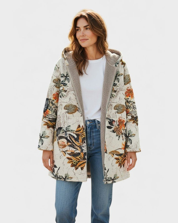 Hanneke | Boho-Sherpa Jacket with Hood and Floral Pattern