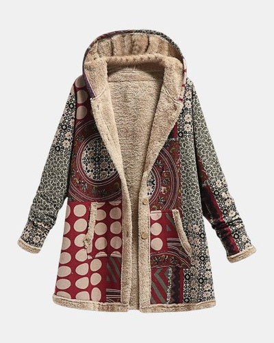 Gerda | Bordeaux Red Sherpa Coat with Geometric Pattern