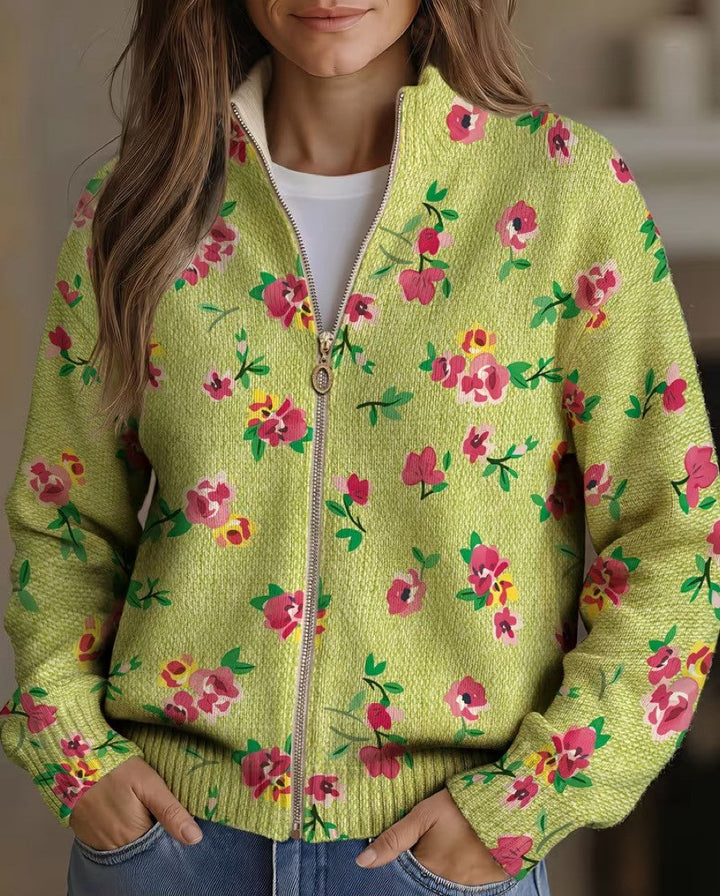Lauren - Pink Flower Lime Zip Cardigan