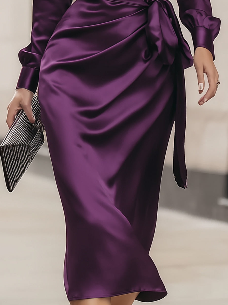 Tineke | Midi Dress Drapé in Deep Purple Satin