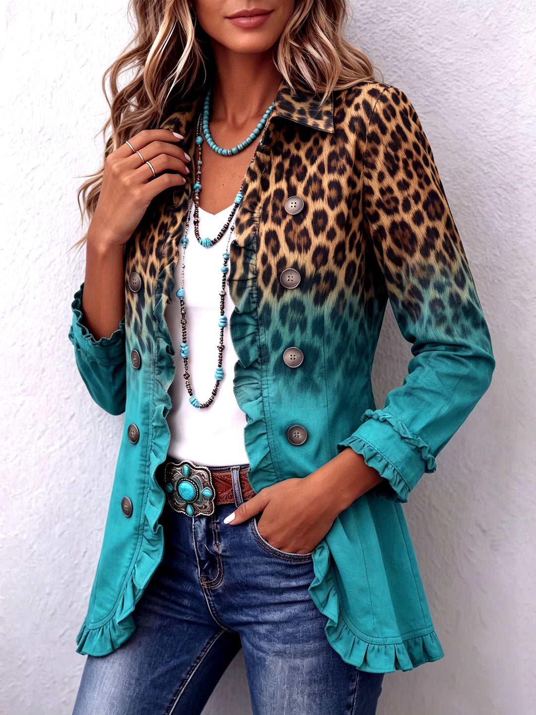 Dominique | Leopard Ombre Ruches Blazer Coat