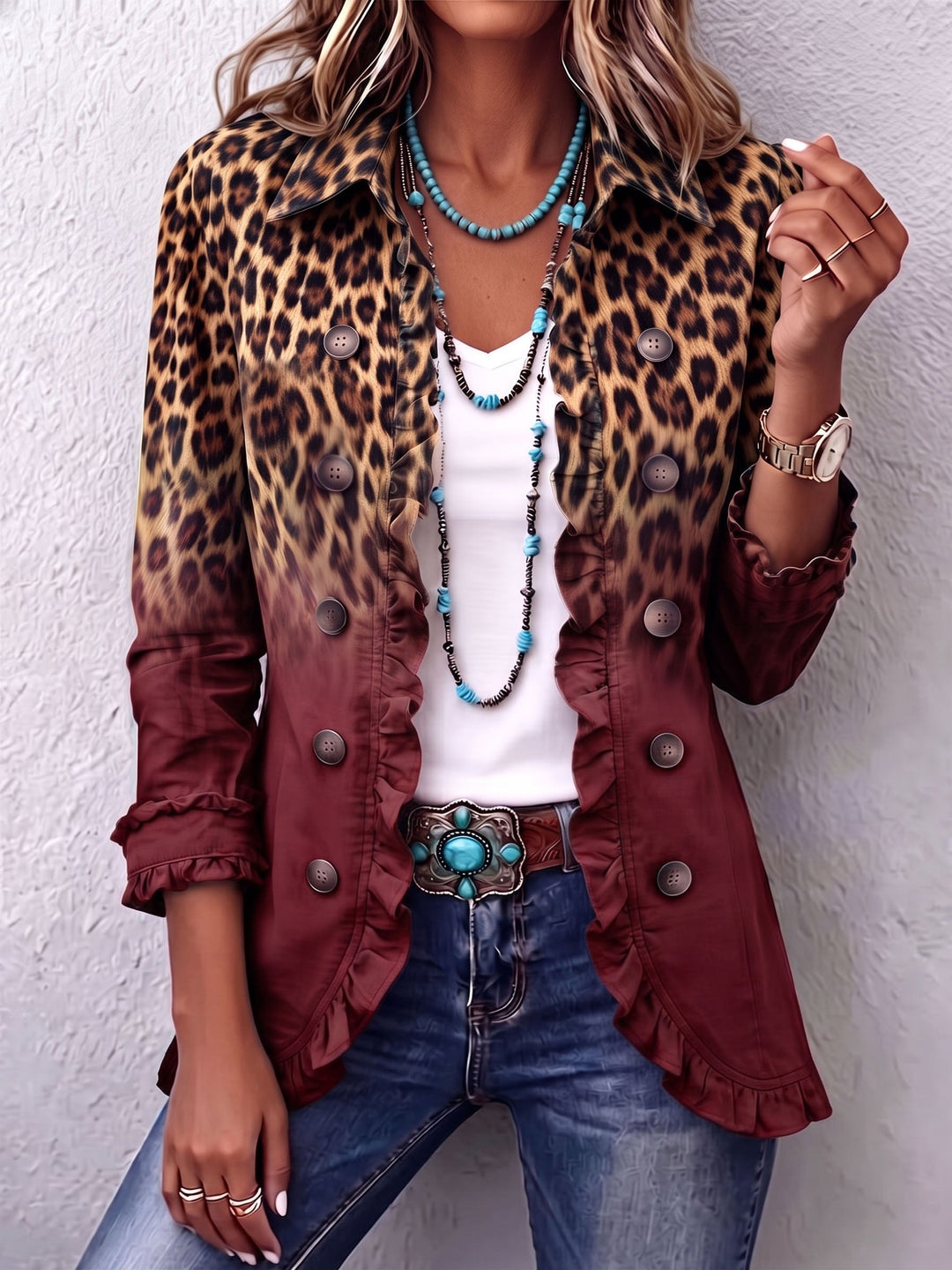 Dominique | Leopard Ombre Ruches Blazer Coat