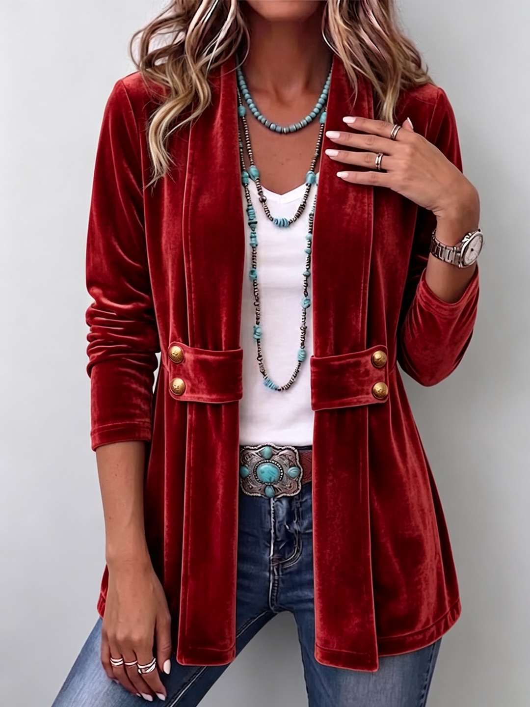 Renée | Vintage Revers Button Detail Long Sleeve Open Coat