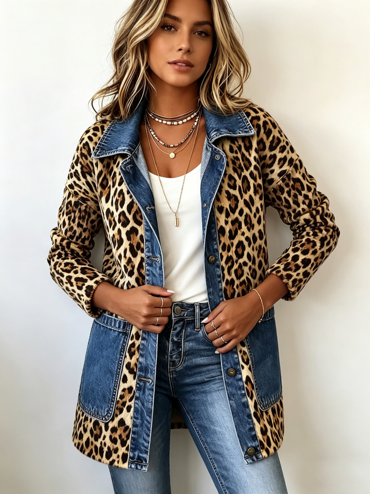 Madeleine | Leopard Print Denim Panel Contrast Longline Coat