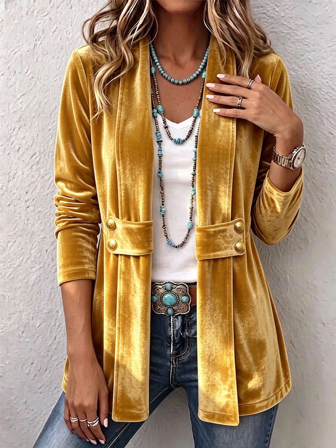 Renée | Vintage Revers Button Detail Long Sleeve Open Coat