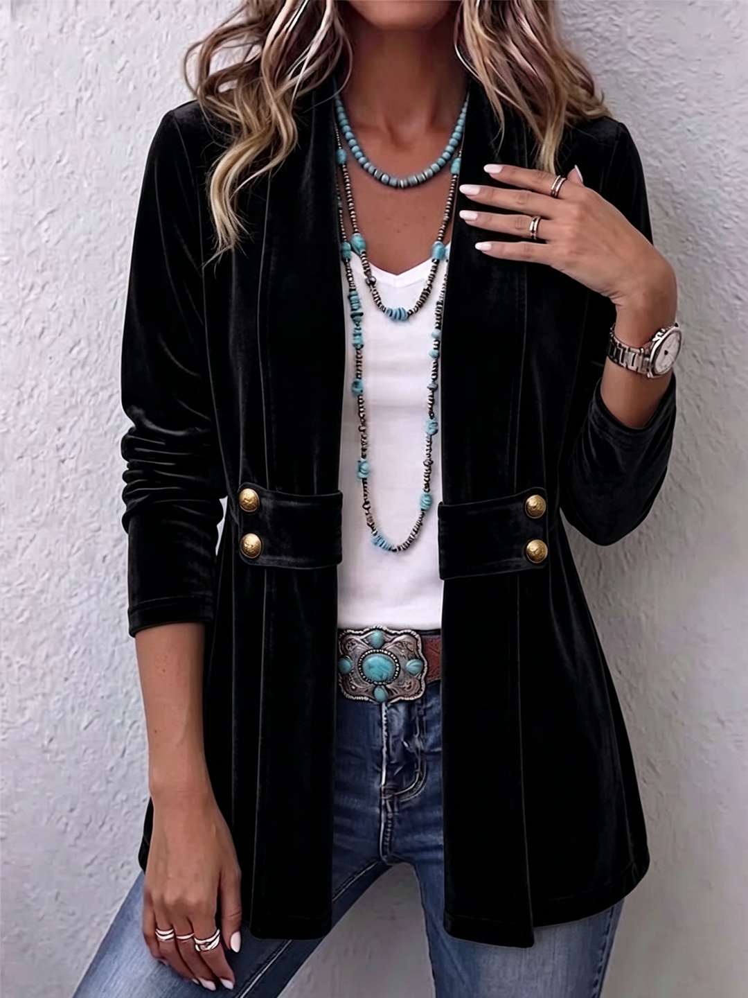 Renée | Vintage Revers Button Detail Long Sleeve Open Coat