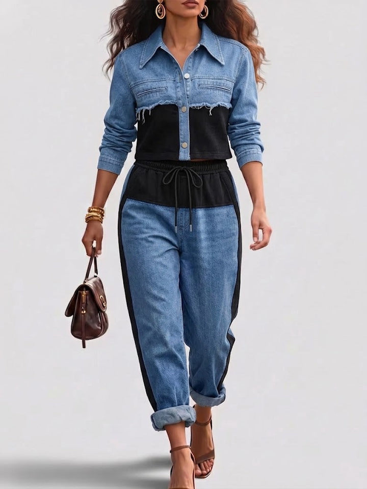 Danielle | Colourblock Cropped Jacket & Wide Leg Trouser Set
