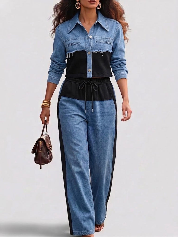 Danielle | Colourblock Cropped Jacket & Wide Leg Trouser Set