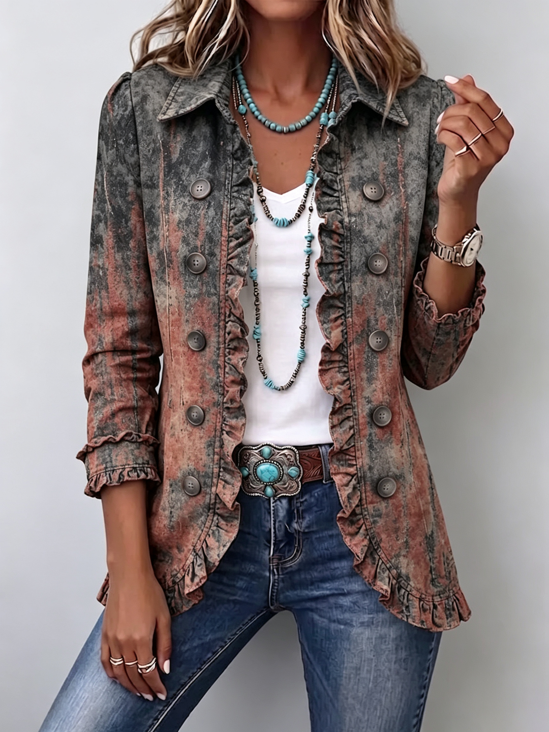 Jeannette | Vintage Gradient Textured Print Ruffles Jacket